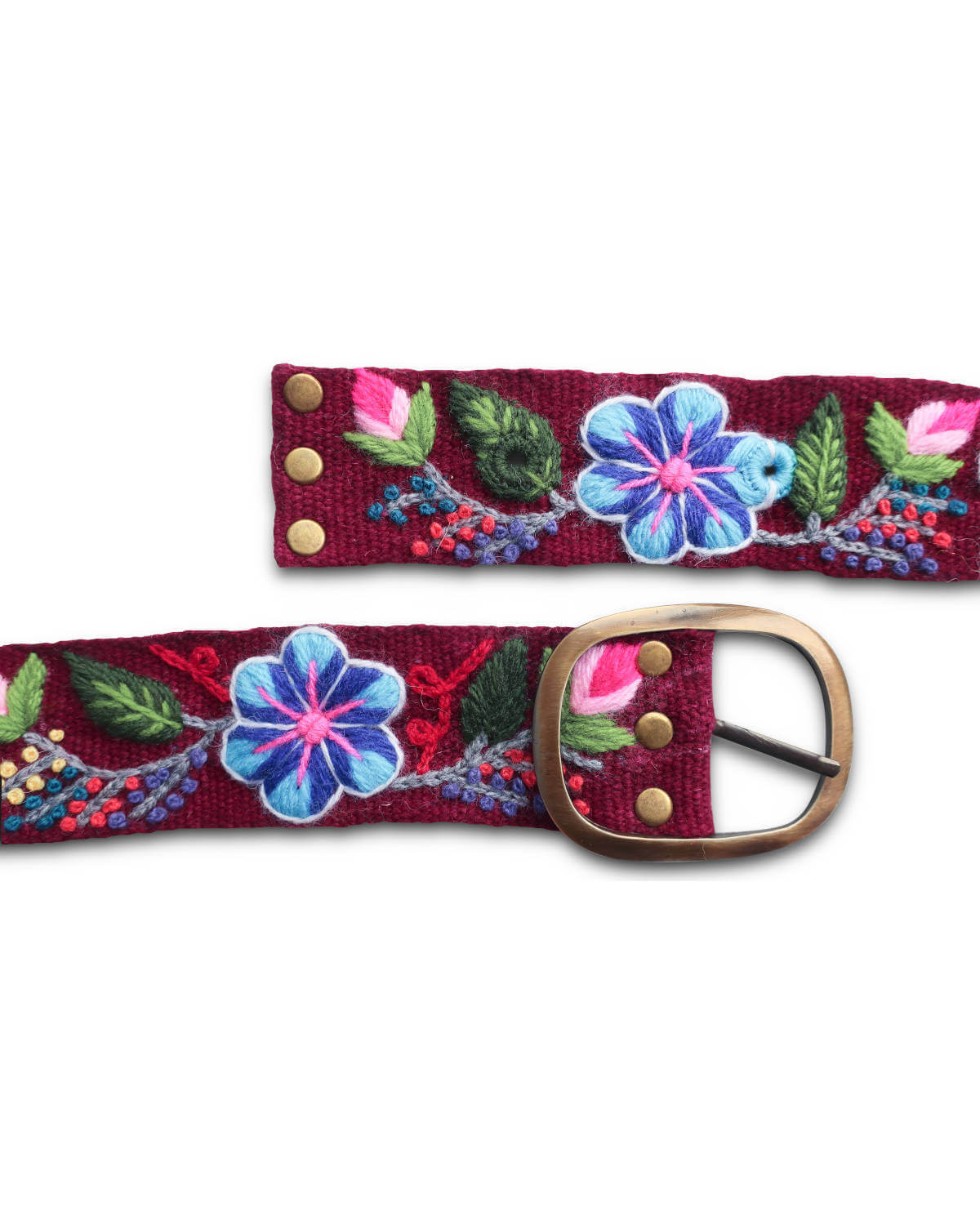 Handgefertigter Ayni Ppacha Gürtel Pétalo für Damen, in Peru kunstvoll aus Wolle bestickt mit einem eleganten Blumenmuster auf einer boedaruxfarbenen Basis