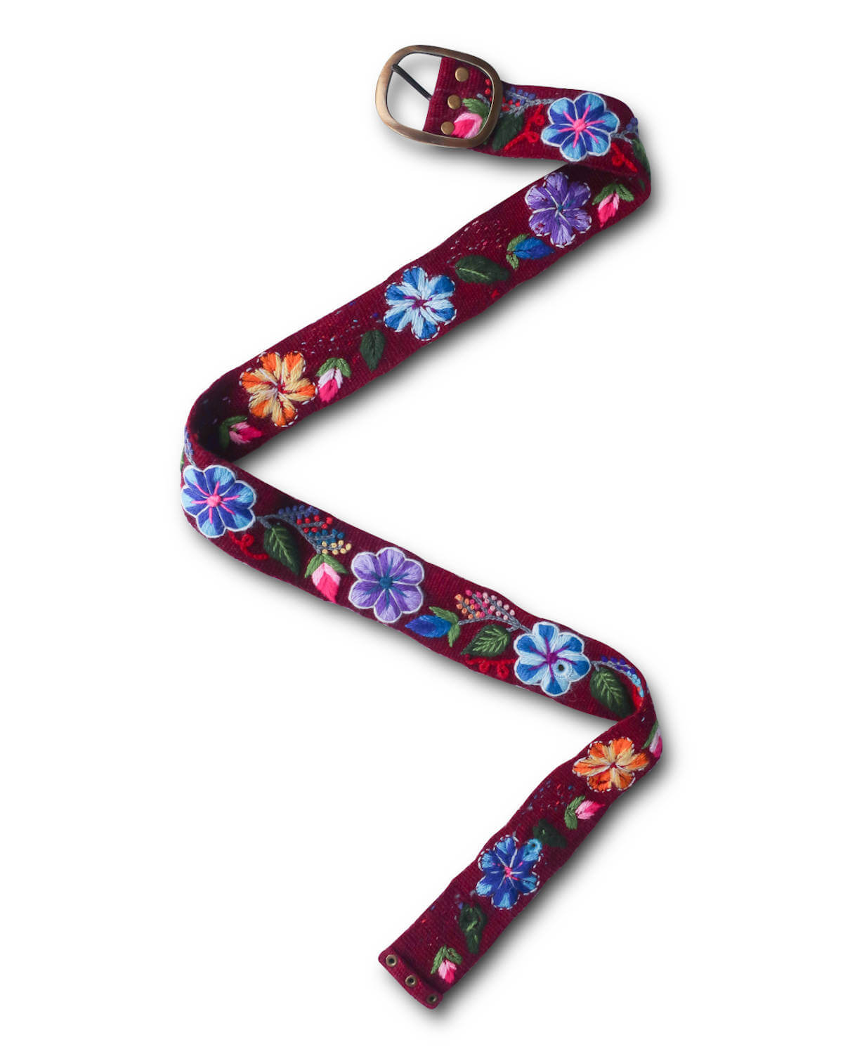 Handgefertigter Ayni Ppacha Gürtel Pétalo für Damen, in Peru kunstvoll aus Wolle bestickt mit einem eleganten Blumenmuster auf einer boedaruxfarbenen Basis.