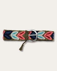Morera belt by Ayni Ppacha, fastened: olive-green sheep wool, hand-embroidered with arched leaves in navy, coral, light blue and natural white, silver-tone D-buckle with tassel