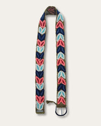 Morera belt at full length: olive-green sheep wool, hand-embroidered throughout with arched leaves in navy, coral, light blue and natural white