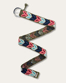 Morera belt laid out at full length, partly showing the reverse of the hand embroidery